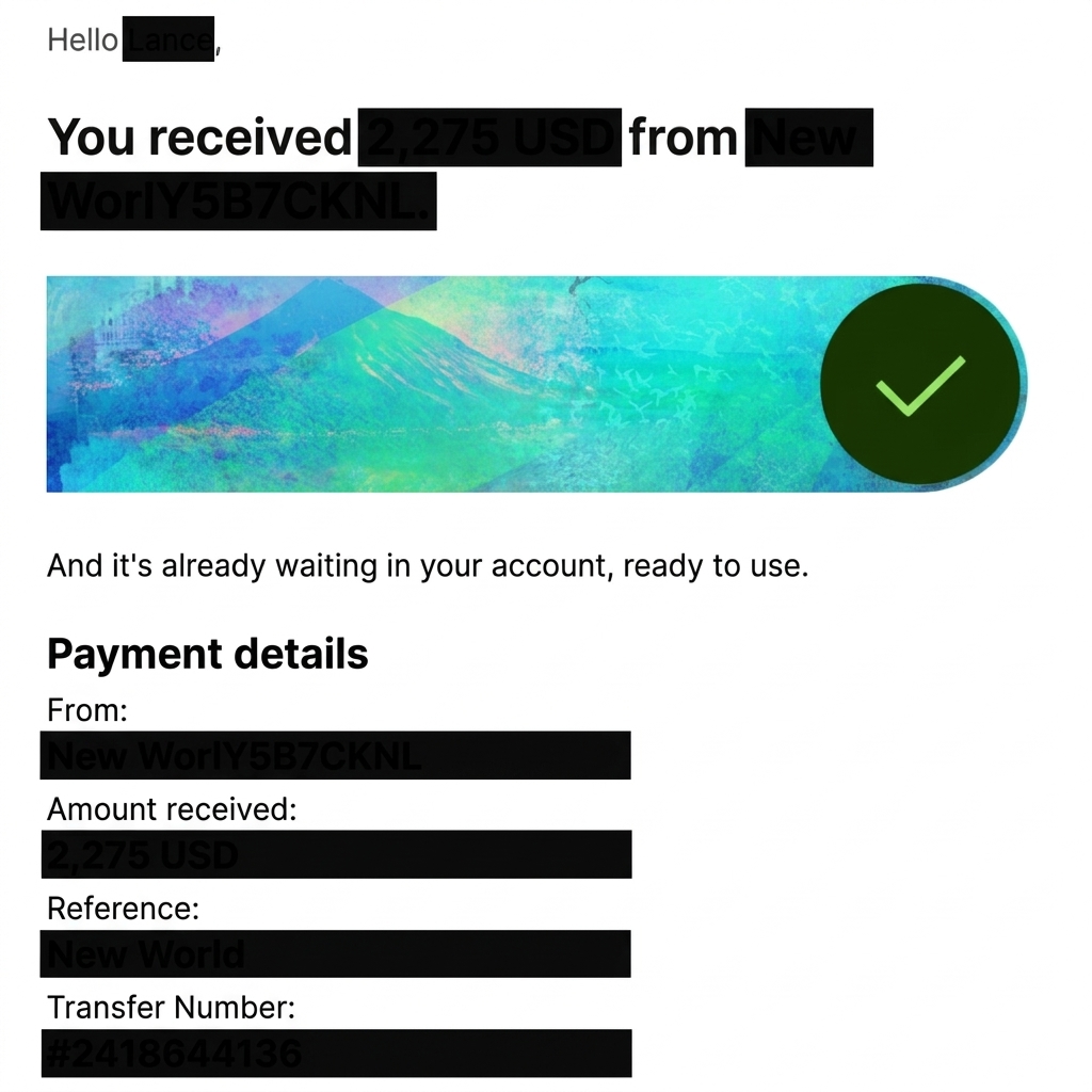 Screenshot of a Wise payment from Lance's client