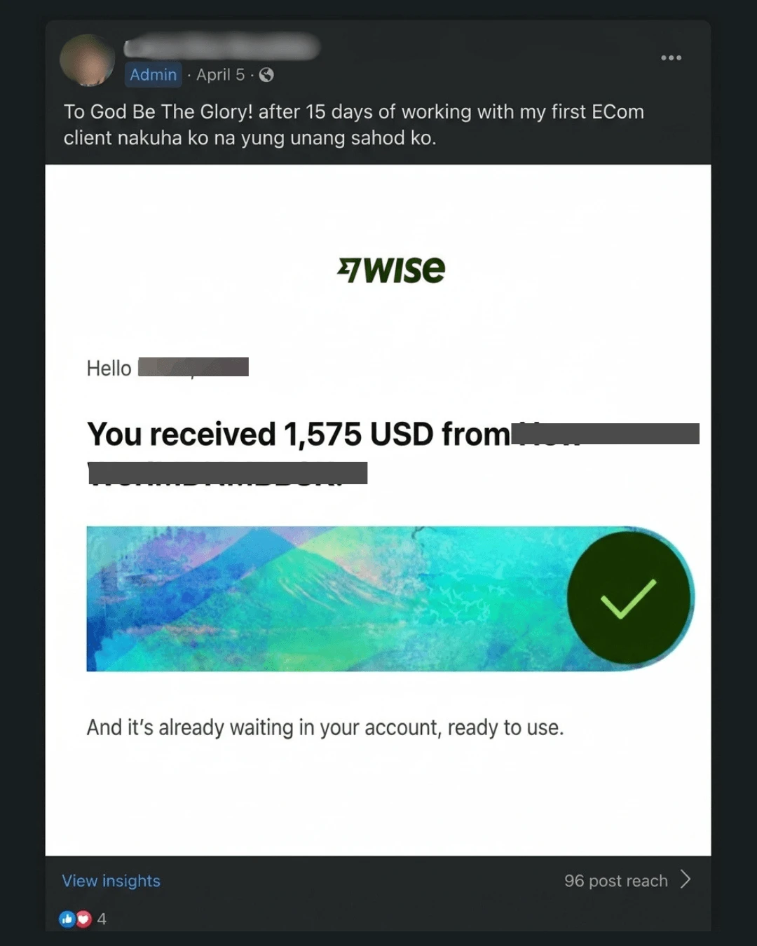 Screenshot of the student's post and a $1,575 Wise payment